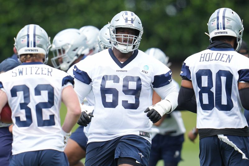 May 1, 2026; Frisco, TX, USA; Dallas Cowboys offensive tackle Sidney Fugar (69) goes through a drill during practice at the Ford Center at the Star Training Facility in Frisco, Texas. Mandatory Credit: Chris Jones-Imagn Images