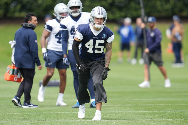 May 1, 2026; Frisco, TX, USA; Dallas Cowboys linebacker Justin Barron (45) goes through a drill during practice at the Ford Center at the Star Training Facility in Frisco, Texas. Mandatory Credit: Chris Jones-Imagn Images