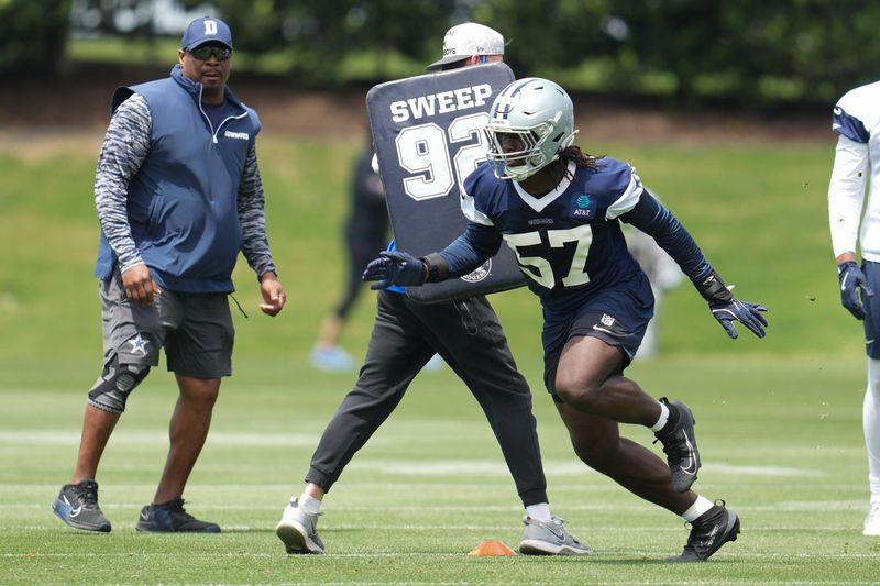 Dallas Cowboys linebacker Malachi Lawrence (57) goes through a drill during practice at the Ford Center at the Star Training Facility in Frisco, Texas. Chris Jones-Imagn Images Chris Jones, Chris Jones-Imagn Images