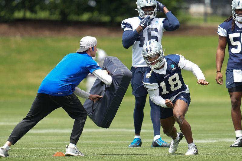 May 1, 2026; Frisco, TX, USA; Dallas Cowboys cornerback Caleb Downs (18) goes through a drill during practice at the Ford Center at the Star Training Facility in Frisco, Texas. Mandatory Credit: Chris Jones-Imagn Images