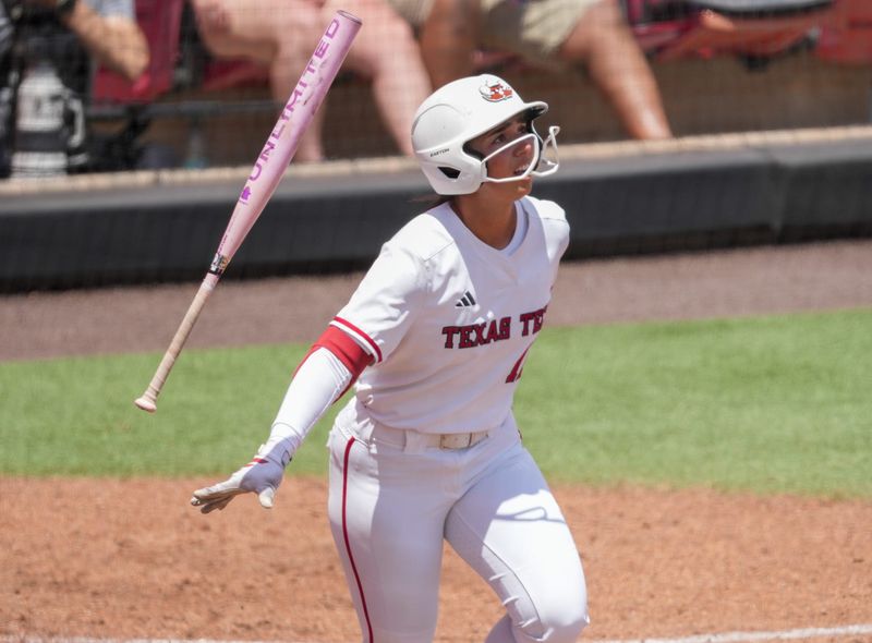 Texas Tech's Lauren Allred flips her bat after hitting a home run against Baylor during a Big 12 Conference softball game, Saturday, May 2, 226, at Tracy Sellers Field.