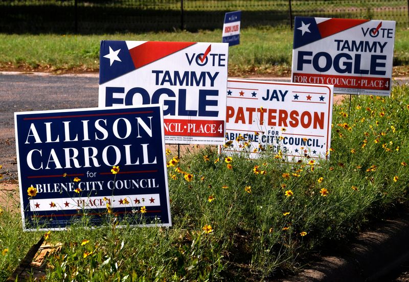 Campaign signs sit amidst wildflowers outside of Grace and Mercy Community Church at N. 14th and Grape streets in Abilene Saturday. Election Day was held across the state for local and municipal elections.