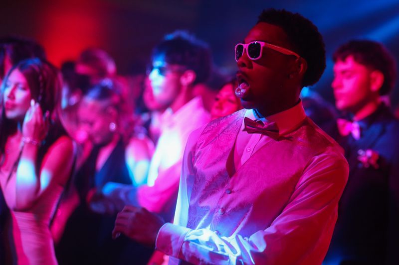 Students dance at Carroll High School's prom at the Ortiz Center in Corpus Christi, Texas, on May 2, 2026.