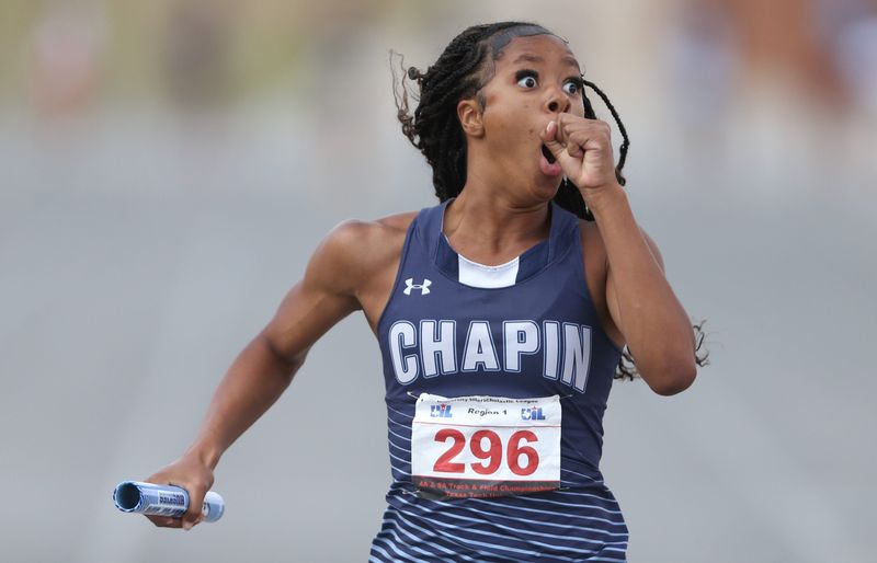 El Paso Chapin's Laurin Gardner reacts to the team's time in the 400-meter relay at the Region I-4A track and field meet Saturday, May 2, 2026, at Lowrey Field.