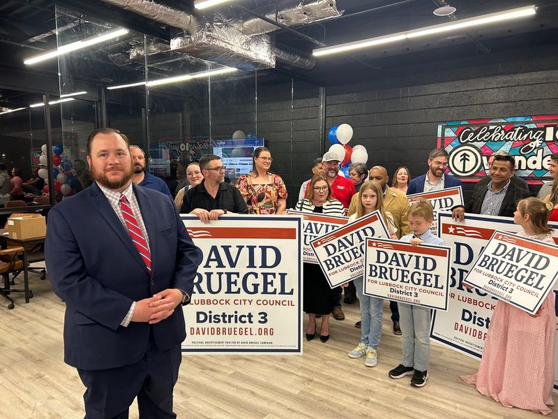 David Bruegel gathered with supporters at a watch party after his win in the District 3 Lubbock City Council race May 2, 2026 in Lubbock.