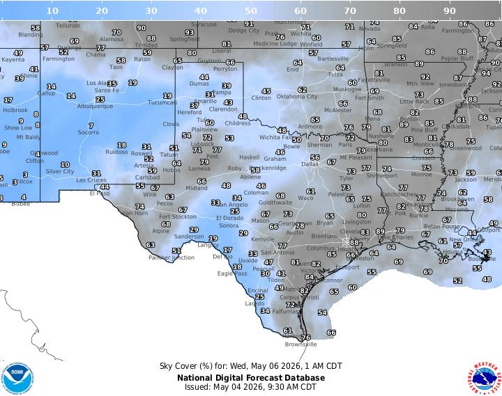 NOAA graphical forecast map shows sky cover in Texas on Tuesday and Wednesday, May 5-6, 2026.