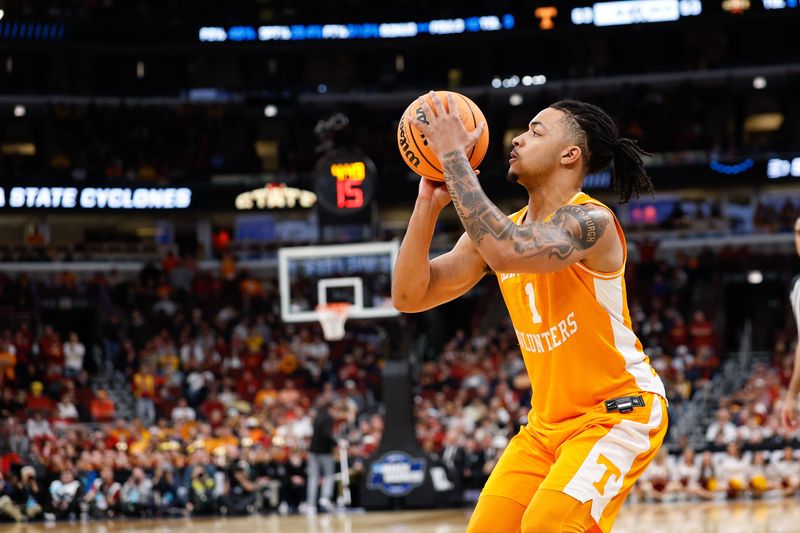 Mar 27, 2026; Chicago, IL, USA; Tennessee Volunteers guard Amari Evans (1) shoots in the second half against the Iowa State Cyclones during a Sweet Sixteen game of the Midwest Regional of the men's 2026 NCAA Tournament at United Center. Mandatory Credit: Kamil Krzaczynski-Imagn Images