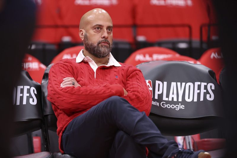 Apr 24, 2026; Houston, Texas, USA; Houston Rockets general manager Rafael Stone watches during practice before game three of the first round of the 2026 NBA Playoffs against the Los Angeles Lakers at Toyota Center. Mandatory Credit: Troy Taormina-Imagn Images