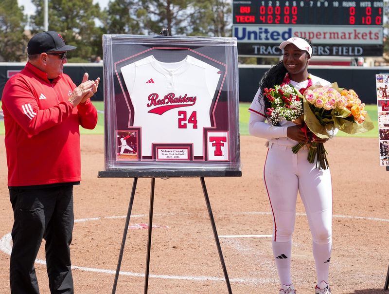 NiJaree Canady is honored during Texas Tech's senior day ceremony after throwing a perfect game in a Big 12 Conference softball game, Saturday, May 2, 226, at Tracy Sellers Field.