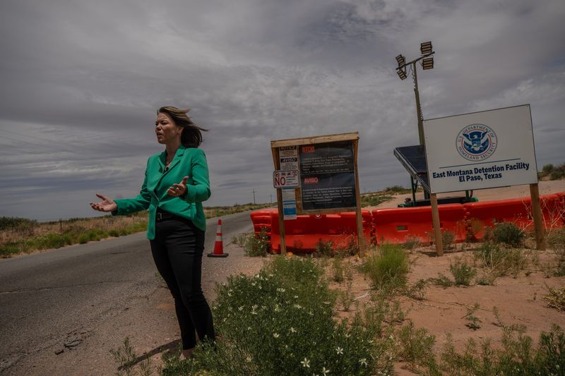 U.S. Rep. Angie Craig, DFL-Minn., speaks to local El Paso reporters at the entrance of Camp East Montana, the nation’s largest immigration detention center, during an oversight visit in El Paso, Texas, on May 4, 2026.