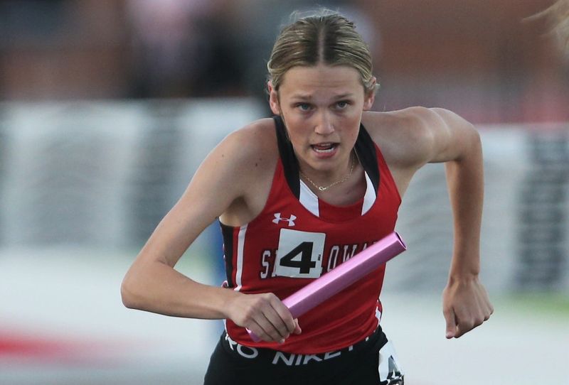 Shallowater's Emie Lusk competes in the 1,600-meter relay during the District 2-3A track and field meet Wednesday, April 8, 2026, at Lowrey Field.