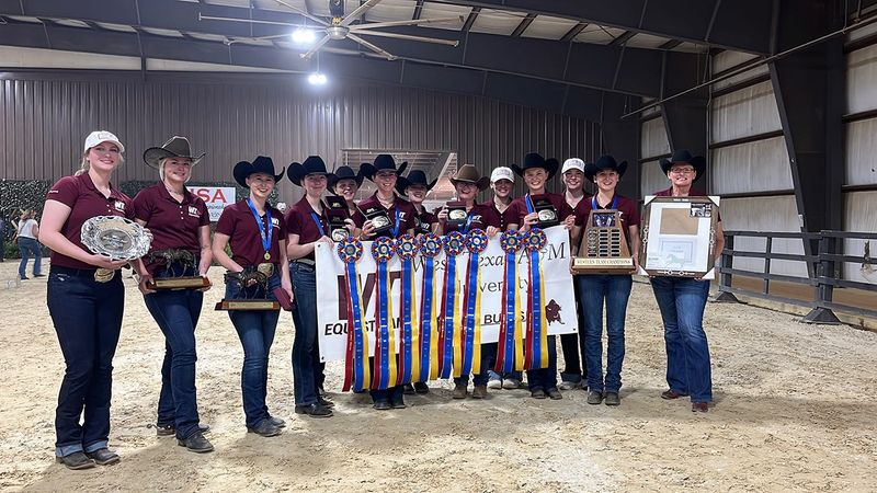 West Texas A&M University's Western Seat equestrian team is the national champion following May 1 to 3 competition at the 2026 Intercollegiate Horse Show Association finals. Pictured are, from left, Ashton Hollingsworth, Peyton Podmolik, Violet Hodgson, Kaylen Langhofer, Kaitlyn Evans, Ashlynn Albaugh, Caoimhe Benn-Rothstein, Marina Carroll, Alexandria Woestman, Charli Wells, Hannah Minton, Helene Keiser and Coach Lori Jaixen.