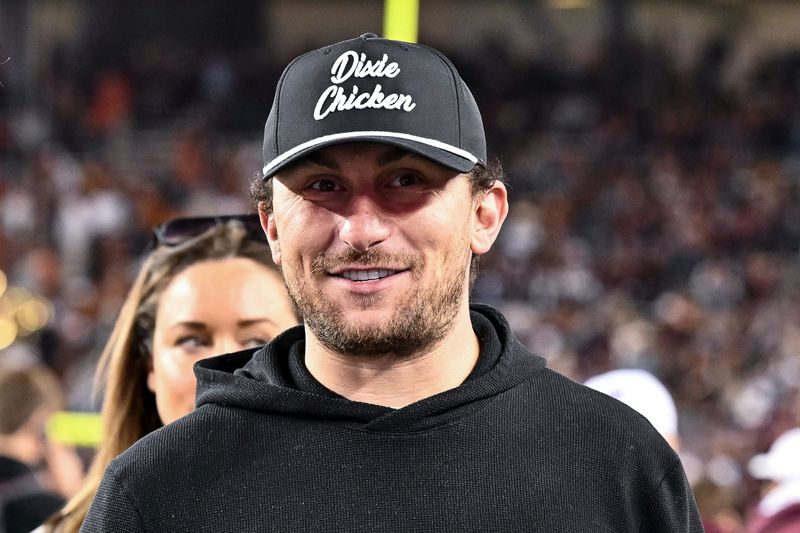 Nov 30, 2024; College Station, Texas, USA; Former Texas A&M and Cleveland Browns quarterback Johnny Manziel looks on prior to the game against the Texas Longhorns. The Longhorns defeated the Aggies 17-7 at Kyle Field. Mandatory Credit: Maria Lysaker-Imagn Images