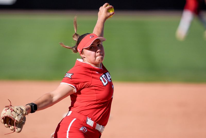 Utah starting pitcher Hailey Maestretti (30) pitches during an NCAA Big 12 softball tournament between the Oklahoma State Cowgirls and the Utah Utes at Devon Park in Oklahoma City, on Thursday, May 7, 2026.