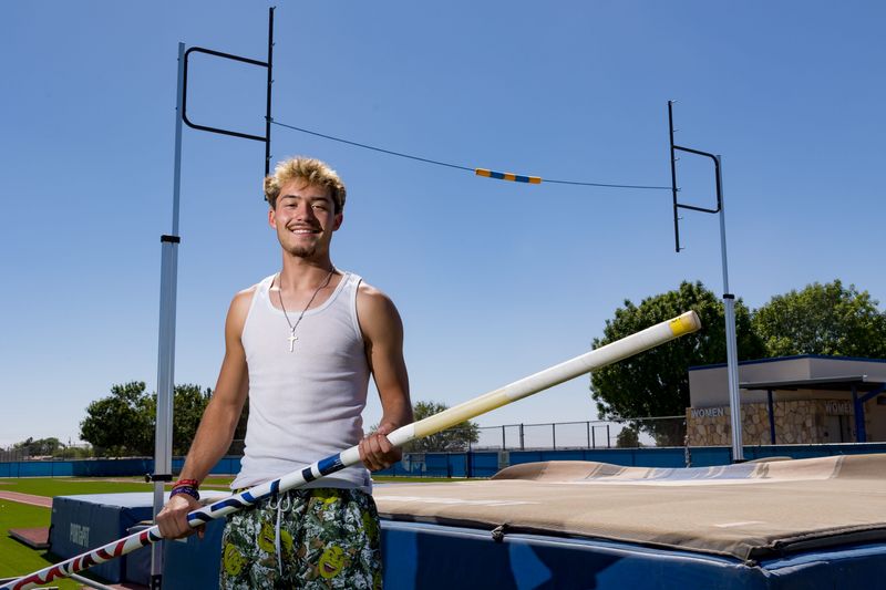 Clint pole vaulter Matthew Portillo poses for a photo Thursday, May 7, 2026, at Clint High School in Clint, Texas. Portillo will compete at the UIL state track and field meet in Austin.
