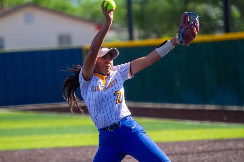 Reagan County softball's Brooklyn Reyes (2) tosses a from the pitchers circle in the bi-district matchup against Miles at Reagan County High School on Friday, April 24, 2026.