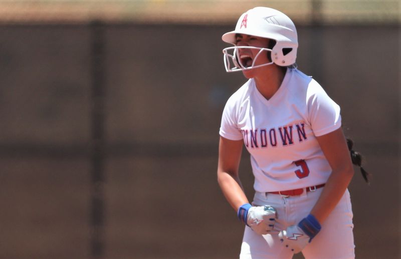 Sundown's Destiny Garza reacts after reaching second base against Haskell in Game 2 of a Region I-2A Division II semifinal playoff softball series Saturday, May 9, 2026, at the Ira ISD Sports Complex in Ira.