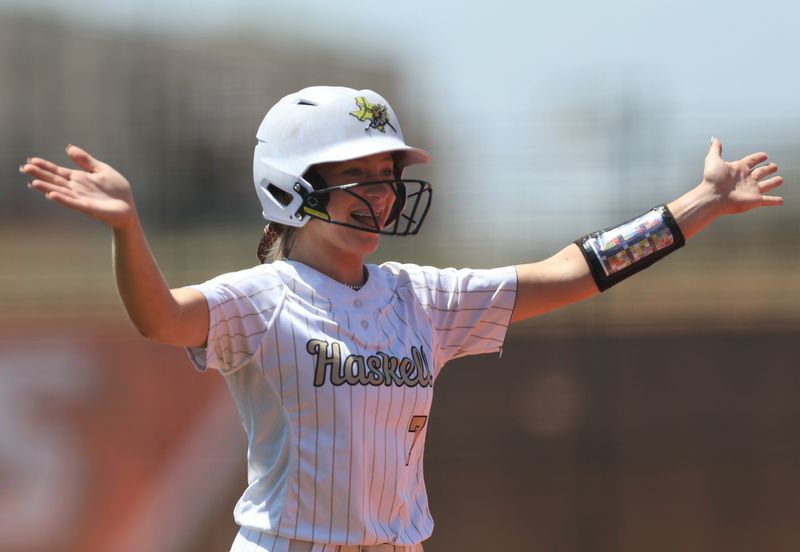 Haskell's Rebekah Cunningham celebrates after hitting a home run against Sundown in Game 2 of a Region I-2A Division II semifinal playoff softball series Saturday, May 9, 2026, at the Ira ISD Sports Complex in Ira.