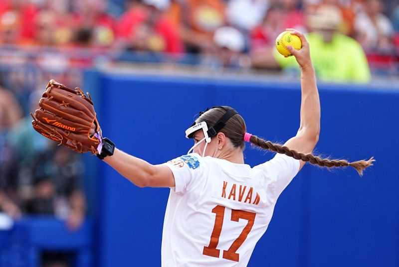 Texas' Teagan Kavan (17) throws a pitch in the first inning of the Women's College World Series championship game between Texas Tech and Texas at Devon Park, Friday, June, 6, 2025, in Oklahoma City.