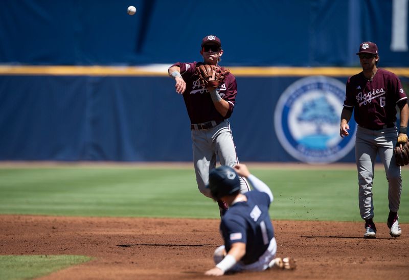 Texas A&M Aggies' Ben Royo (10) throws to first base to complete a double play as Auburn Tigers take on Texas A&M Aggies during the SEC baseball tournament at Hoover Met in Birmingham, Ala., on Thursday, May 22, 2025.