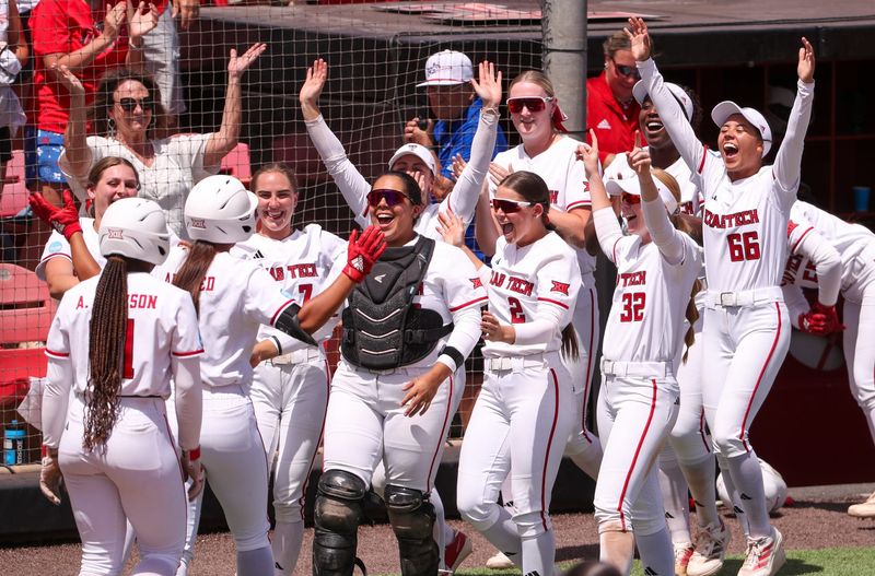 Texas Tech players react to Lauren Allred's home run against Mississippi State to end a game in the Lubbock Regional of the 2025 NCAA softball tournament, Saturday, May 17, 2025, at Rocky Johnson Field.