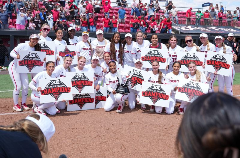 Texas Tech celebrates its regular season championship after a Big 12 Conference softball game, Saturday, May 2, 226, at Tracy Sellers Field.
