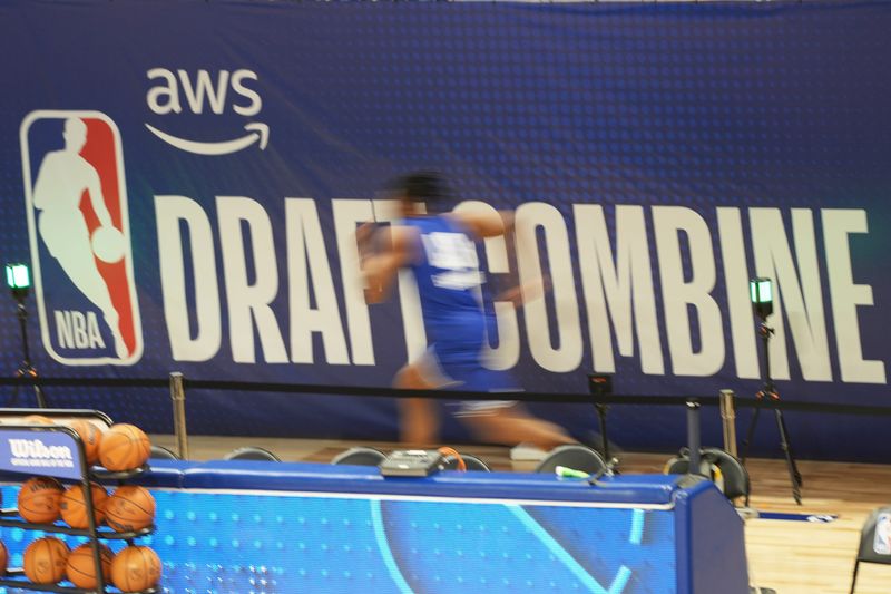 May 11, 2026; Chicago, IL, USA; A player participates in the 2026 NBA Draft Combine at Wintrust Arena. Mandatory Credit: David Banks-Imagn Images