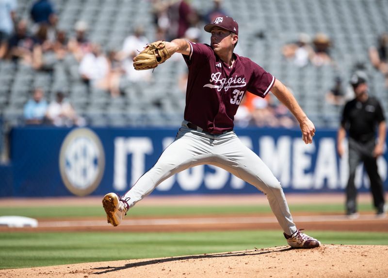 Texas A&M Aggies' Justin Lamkin (33) pitches as Auburn Tigers take on Texas A&M Aggies during the SEC baseball tournament at Hoover Met in Birmingham, Ala., on Thursday, May 22, 2025.