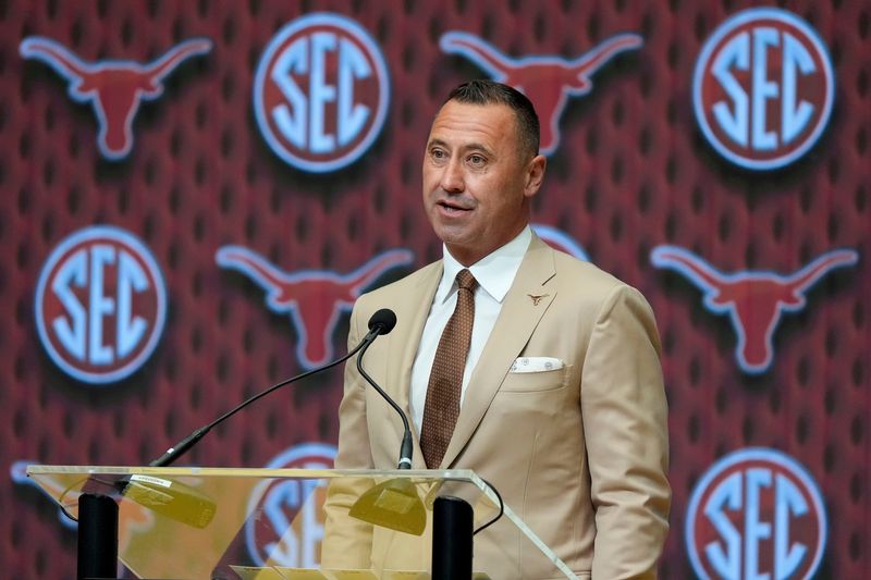 July 15, 2025; Atlanta, GA, USA; Texas head coach Steve Sarkisian speaks during SEC Media Days at the College Football Hall of Fame in Atlanta.