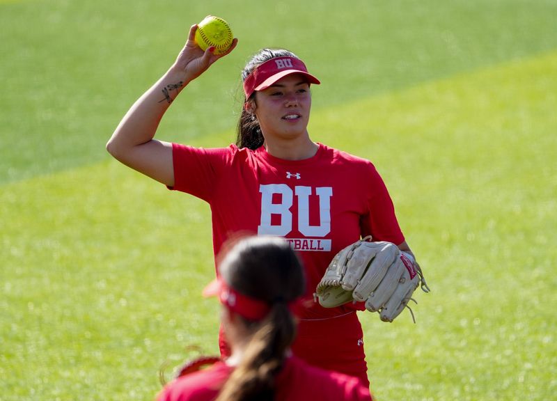 Boston U's Kasey Ricard goes through warmups during practice ahead of the Lubbock Regional of the 2026 Division I NCAA softball tournament, Thursday, May 14, 2026, at Tracy Sellers Field.