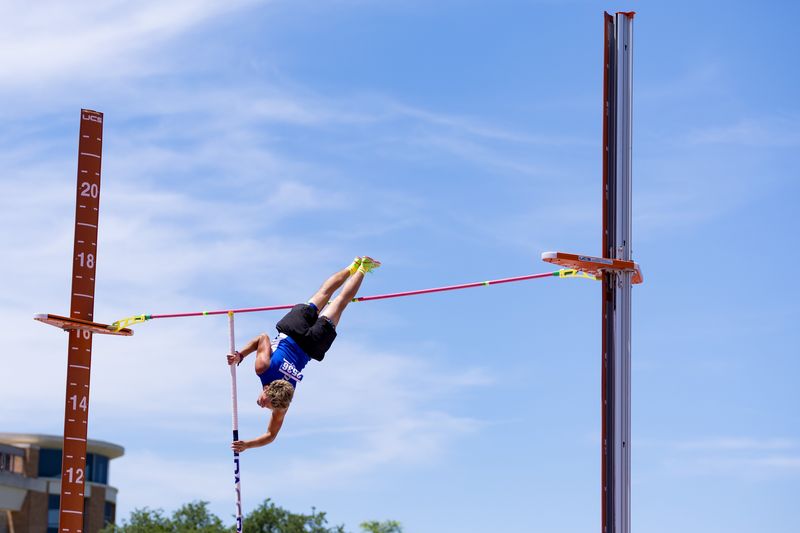 Clint’s Matthew Portillo clears 15 feet, 9 inches in the pole vault to finish second and surpass his personal record of 15 feet during the Class 4A UIL State track and field meet on May 14, 2026, at Mike A. Myers Stadium in Austin, Texas.