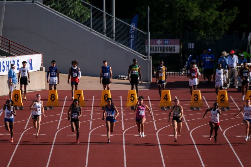 Athletes competes in the 100-meter dash during the Class 4A UIL State track and field meet on May 14, 2026, at Mike A. Myers Stadium in Austin, Texas.