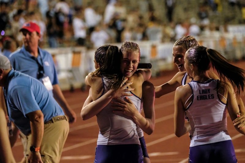 Canyon High School’s 1600-meter relay team celebrates after competing during the Class 4A UIL State track and field meet on May 14, 2026, at Mike A. Myers Stadium in Austin, Texas.