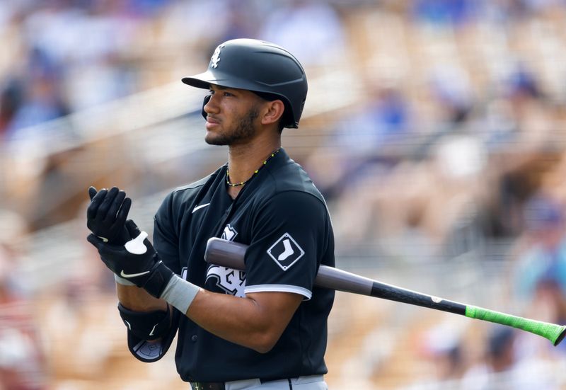 Feb 26, 2026; Phoenix, Arizona, USA; Chicago White Sox outfielder Braden Montgomery against the Los Angeles Dodgers during a spring training game at Camelback Ranch-Glendale. Mandatory Credit: Mark J. Rebilas-Imagn Images