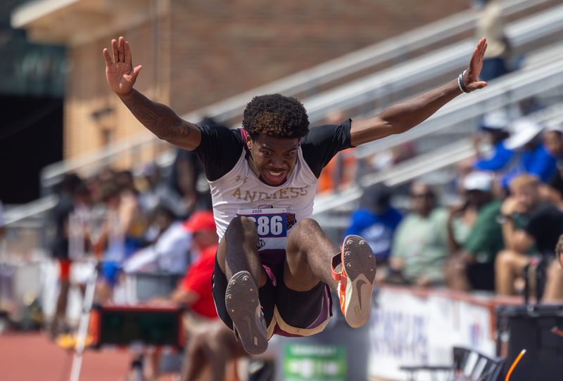 Andress’ Jordan Owens competes in the long jump at the Class 5A UIL State Track and Field Meet May 15, 2026, at Mike A. Myers Stadium in Austin, Texas.