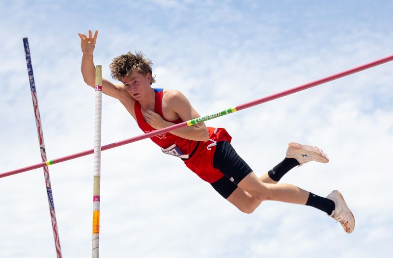 Gregory-Portland’s Ryder Harrison releases the pole as he competes in the pole vault at the Class 5A UIL State Track and Field Meet May 15, 2026, at Mike A. Myers Stadium in Austin, Texas.