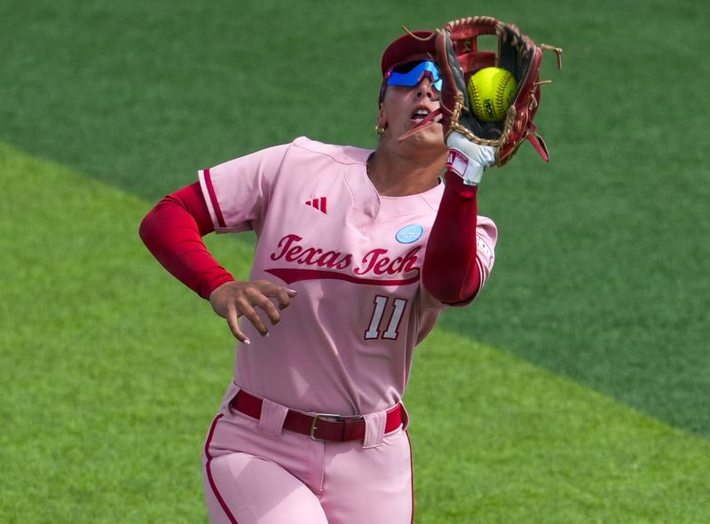 Texas Tech's Lauren Allred catches a fly ball against Marist during a game in the Lubbock Regional of the NCAA Division I softball tournament, Friday, May 15, 2026, at Tracy Sellers Field.
