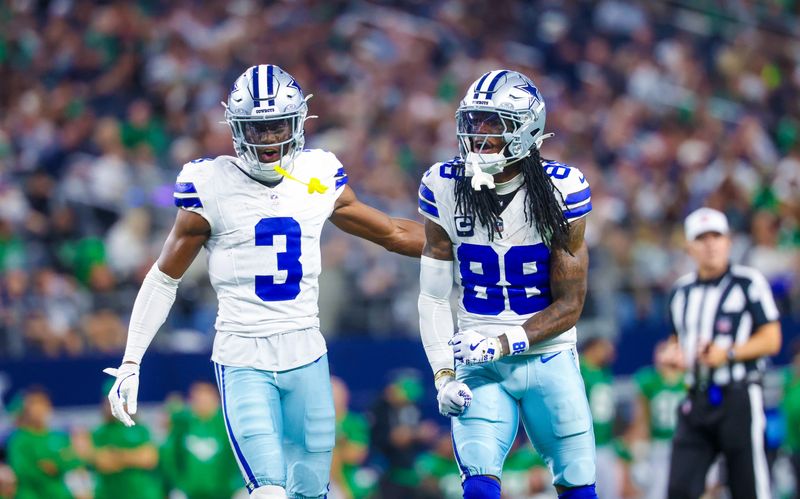 Nov 23, 2025; Arlington, Texas, USA; Dallas Cowboys wide receiver George Pickens (3) and Dallas Cowboys wide receiver CeeDee Lamb (88) react during the game against the Philadelphia Eagles at AT&T Stadium. Mandatory Credit: Kevin Jairaj-Imagn Images