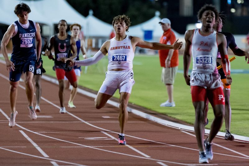 Canutillo celebrates after placing third in the 1,600-meter relay during the Class 5A UIL State track and field meet on May 15, 2026, at Mike A. Myers Stadium in Austin, Texas.