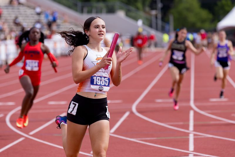 Refugio crosses the finish line first in the 400-meter relay during the Class 2A UIL State track and field meet on May 15, 2026, at Mike A. Myers Stadium in Austin, Texas.