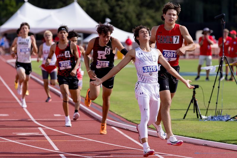 Mason’s Caden Klingelhefer crosses the finish line first in the 400-meter run during the Class 2A UIL State track and field meet on May 15, 2026, at Mike A. Myers Stadium in Austin, Texas.