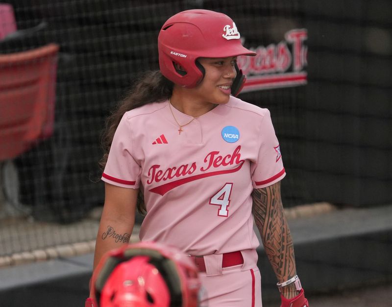 Texas Tech's Lagi Quiroga reacts to cheers before an at-bat against Marist during the Lubbock Regional of the NCAA Division I softball tournament, Friday, May 15, 2026, at Tracy Sellers Field.