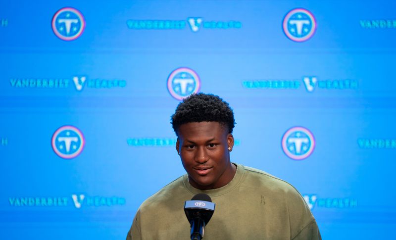 Tennessee Titans second round pick in the 2026 NFL Draft linebacker Anthony Hill Jr. (53) speaks to the media after the Titans Rookie Camp Day 1 at Vanderbilt Health Football Center in Nashville, Tenn., Friday, May 1, 2026.