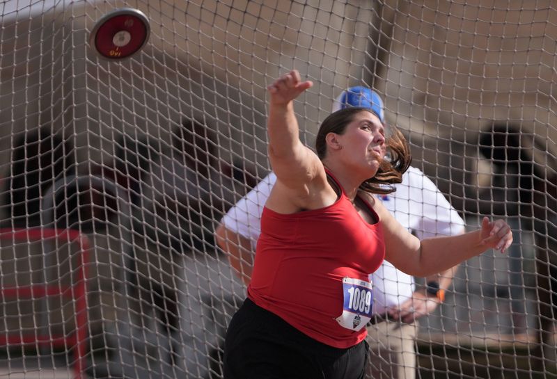Borden County's Anslee Buchanan competes in the Class 1A girls discus at the UIL state track and field meet Saturday, May 16, 2026, at Mike A. Myers Stadium in Austin.