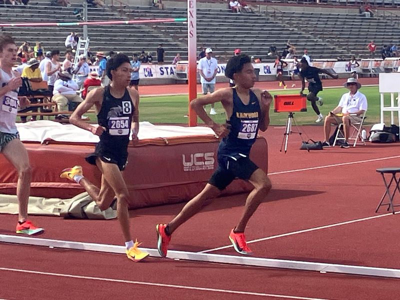 Eastwood's Noah Garcia leads the fifth lap of the 3,200 meters at the Class 6A UIL Track and Field Championships at Mike Myers Stadium in Austin, ahead of Denton Guyer's Ruel Newberry and Southlake Carroll's Caden Leonard