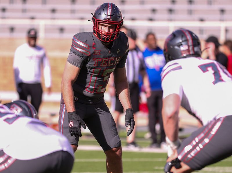 Ben Roberts lines up during the Texas Tech football team's spring game, Friday, April 17, 2026, at Jones AT&T Stadium.