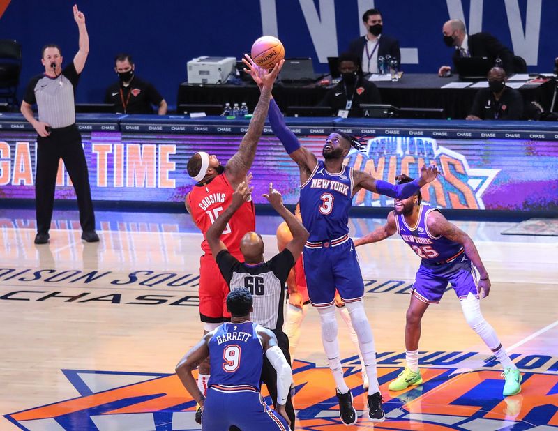 Feb 13, 2021; New York, New York, USA; Houston Rockets center DeMarcus Cousins (15) and New York Knicks center Nerlens Noel (3) at Madison Square Garden. Mandatory Credit: Wendell Cruz-USA TODAY Sports