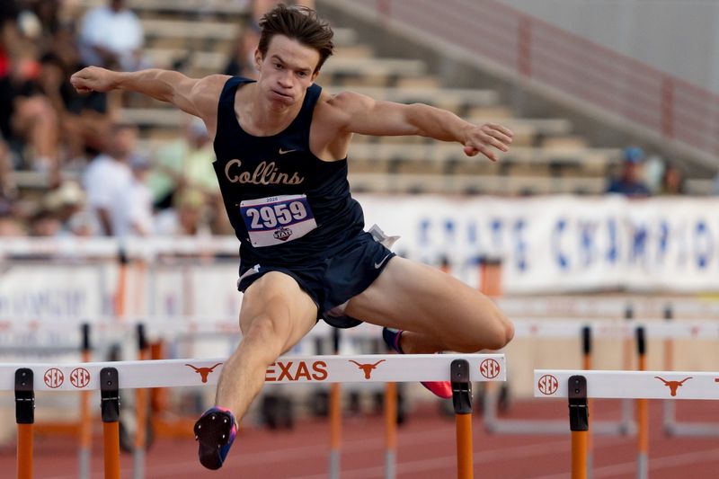 Collin’s Andrew Jones wins the boys 110-meter hurdles during the Class 6A UIL State track and field meet on May 16, 2026, at Mike A. Myers Stadium in Austin, Texas.