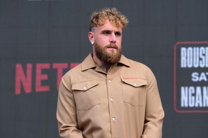 Mar 10, 2026; Inglewood, California, United States; Jake Paul at a MMA press conference at Intuit Dome.