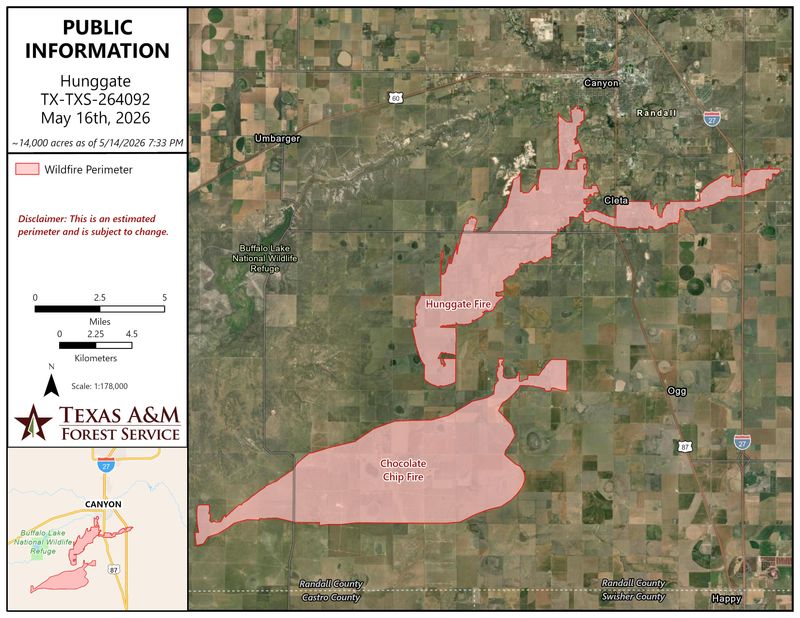 The combined map of the Chocolate Chip Fire and the Hunggate Fire, which was an estimated 34,005 acres and 70% contained as of 10 a.m. Sunday, May 17. A series of dry lightning moved over Randall County on May 14 and caused a series of wildfires through the area, according to the agency. By Saturday evening, heat along the containment line had decreased. Sunday, firefighters were returning to finish structure assessments, and air resources were bing used to assess the fire status. Firefighters were continuing to patrol and mop-up the fire.